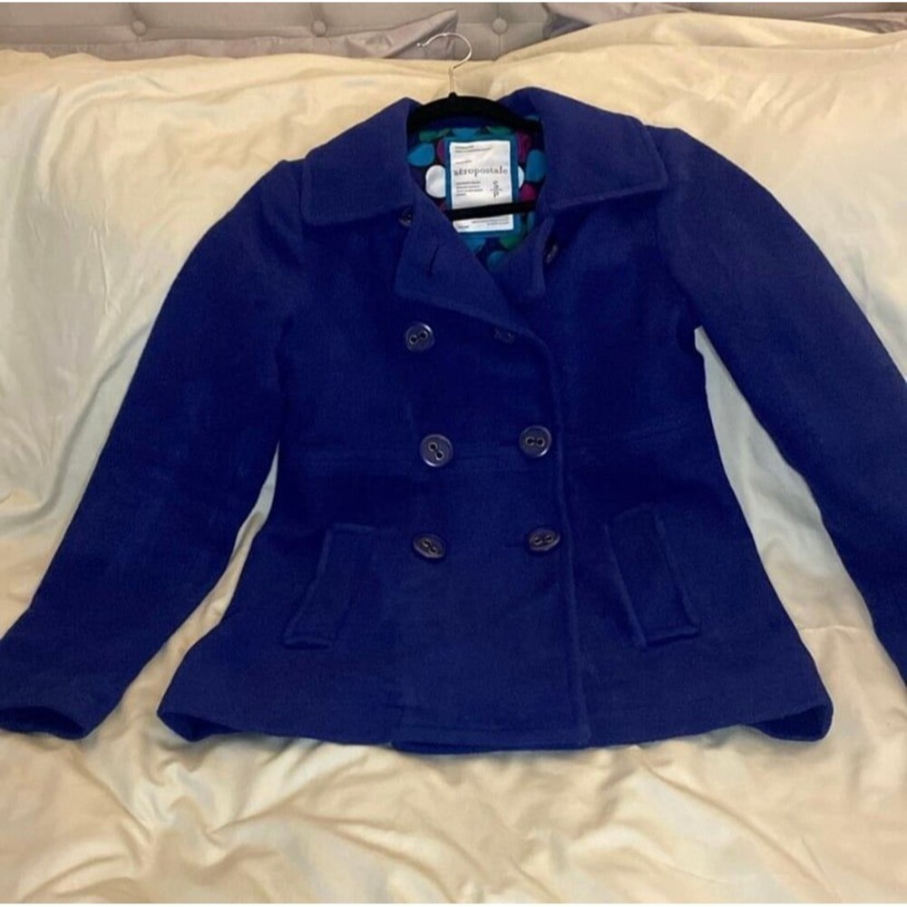 Aeropostale Womens Coat Size Small Royal Blue Double Breasted Swing Pea Coat Y2K